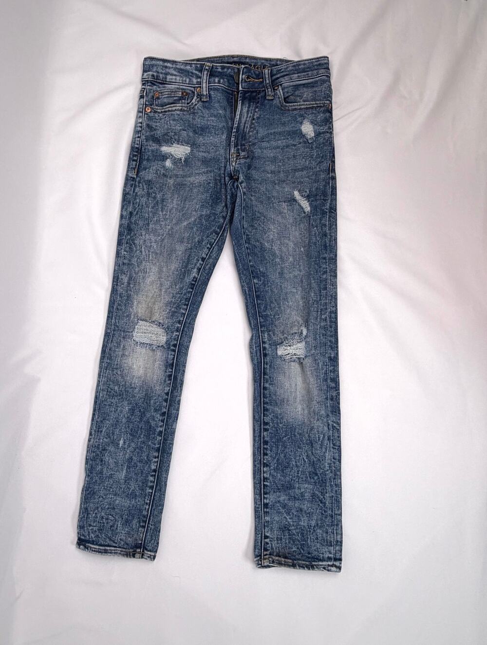 American Eagle Mens 26x28 Next Level Flex Skinny Distressed Blue Jeans Grunge